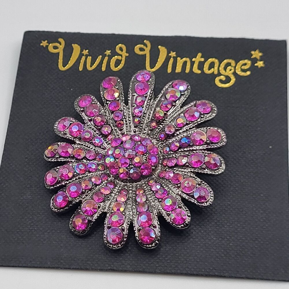 Vivid Vintage Magenta Flower AB Crystal Brooch 2in
